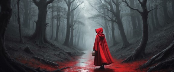 Fototapeta a hooded figure in a red cloak walks on a bloody trail through a mystical, fog-enshrouded forest