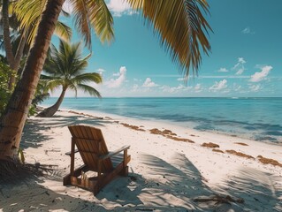 Wall Mural - wooden deck chair under palm trees in a white sandy beach