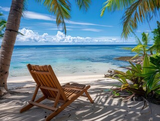 Poster - wooden deck chair under palm trees in a white sandy beach