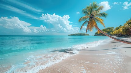 Wall Mural - palm tree on tropical island beach on background blue sky with white clouds