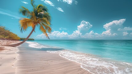 palm tree on tropical island beach on background blue sky with white clouds