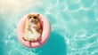 A hamster in sunglasses lies sunbathing on a swimming mattress in the pool. Summer holidays, beach holiday, vacation, relaxation