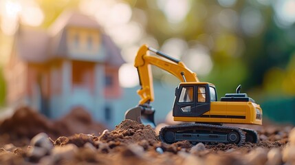 Yellow excavator in the foreground. New house in the background. Concept of construction of new houses, sale and purchase of residential real estate, real estate