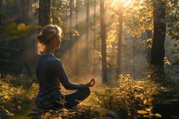 Wall Mural - Peaceful meditation in sunlit forest ambiance