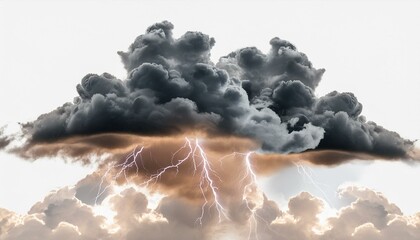 Black storm clouds with lightnings and smoke isolated on white background