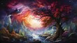 Immerse the viewer in a kaleidoscope of colors as a hurricane meets a mystical forest in a surreal clash Bring out the contrast between the destructive power of nature and the sere