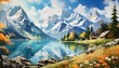 illustration of the alps with beautiful lake in front of it, watercolor masterpiece