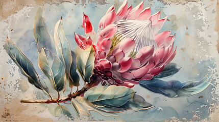 Wall Mural -  Watercolor floral template vintage look protea flower