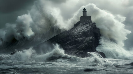 A lighthouse is being battered by large waves during a storm.

