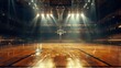 Spellbinding glimpse of a dynamic basketball court, the gleaming hardwood surface bathed in the soft glow of arena lights