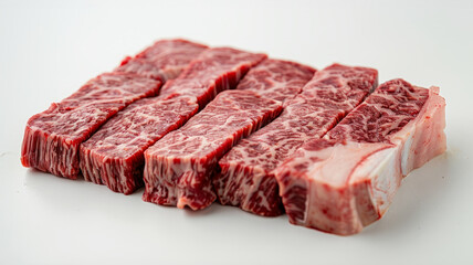 Wall Mural - Sliced raw ribeye steaks with marbling on white background