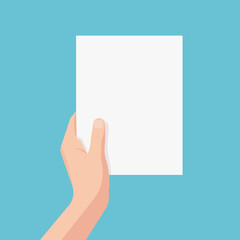 Vector flat illustration of a hand holding a blank white sheet of paper. View from above.
