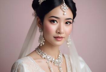 Wall Mural - Close-up portrait of smiling Asian bride with veil and pearl jewelry on pastel background with copy space