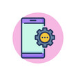 Smartphone with gear line icon. Cog, cogwheel, setup outline sign. Phone repair, service, breakdown concept. Vector illustration, symbol element for web design and apps