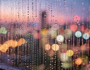 Wall Mural - A close-up of raindrops on a window with the cityscape in the background blurred into colorful bokeh lights
