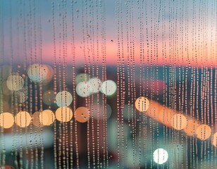 Wall Mural - A close-up of raindrops on a window with the cityscape in the background blurred into colorful bokeh lights