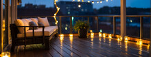 Tranquil Rooftop Terrace Adorned With Outdoor String Lights, Enveloping The Space In A Cozy Ambiance For Enjoying A Serene Autumn Evening