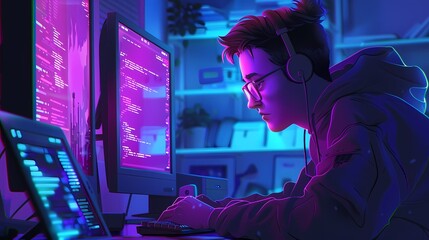 Wall Mural - Coder immersed in technology s glow