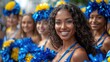 Young and cheerful interracial cheerleaders pose in a row