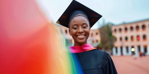 Wall Mural - Joyful African-American Woman Celebrating Graduation at University Campus.