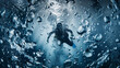 Close-up of water drops and bubbles, diver in deep water Revealing the fresh clarity of the water Illustrations for magazines, travel, documentaries, water sports.