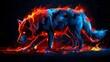 A wolf is walking through the fire on a black background. A magical creature made of fire