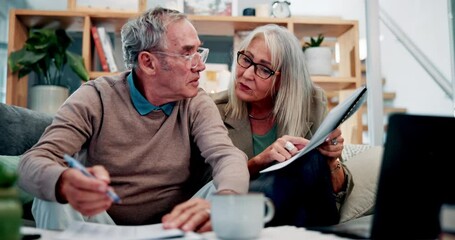 Poster - Documents, laptop and senior couple on sofa with home budget, pension plan or insurance application. Notes, man and woman on couch with retirement paperwork, contract or discussion in living room