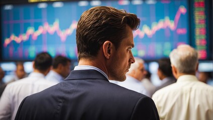 Back view of a group of multinational people and digital technology confidently gazes at the viewer while looking at a financial stock market graph.