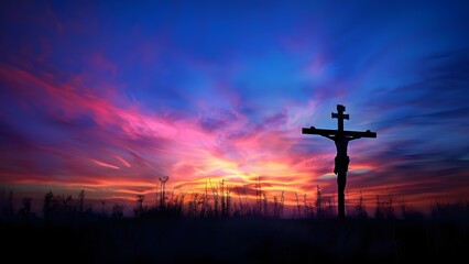 Wall Mural - Silhouette of Jesus on cross against colorful sunset symbolizing Easter resurrection. Concept Easter Resurrection, Silhouette Photography, Jesus on Cross, Colorful Sunset, Symbolism