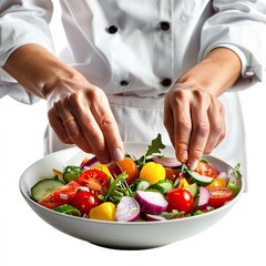 Wall Mural - full body person preparing a colorful and nutritious salad in a modern kitchen isolated on white background 