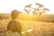 Woman farmer controls drone sprayer with a tablet. Smart farming and precision agriculture..