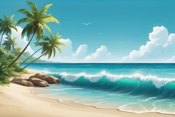 Wall Mural - Tropical beach with palm trees sunny sky and white fluffy clouds texture landscape for summer vacation 