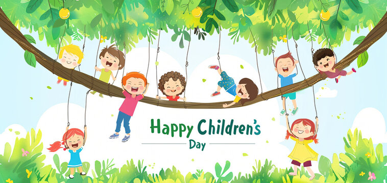 Global Celebration of Children's Day. Illustration Featuring Happy Children Enjoying Fun and Togetherness, Promoting Education and Friendship in a Colourful and Joyful Event