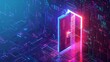 New opportunities isometric landing page. Binary digital code coming through open door on neon glowing futuristic background. New technologies coming to human life, high-tech 3d vector illustration