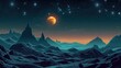 Futuristic landscape of an alien planet surface with a glowing moon or satellite hovering above a rocky terrain