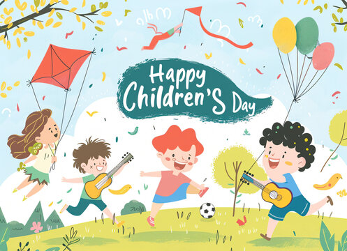  Illustration Featuring Happy Children Enjoying Fun and Togetherness, Promoting Education and Friendship in a Colourful and Joyful Event. Global Celebration of Children's Day.