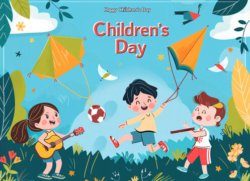  Illustration Featuring Happy Children Enjoying Fun and Togetherness, Promoting Education and Friendship in a Colourful and Joyful Event. Global Celebration of Children's Day.