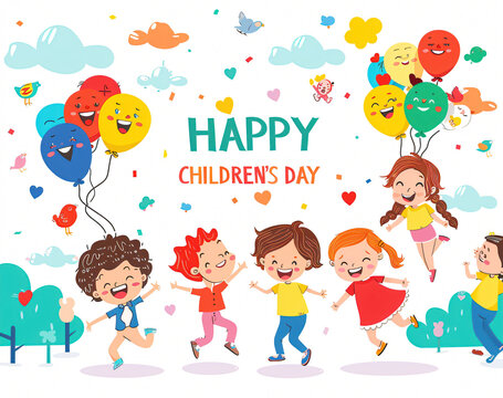 Illustration Featuring Happy Children Enjoying Fun and Togetherness, Promoting Education and Friendship in a Colourful and Joyful Event. Global Celebration of Children's Day.