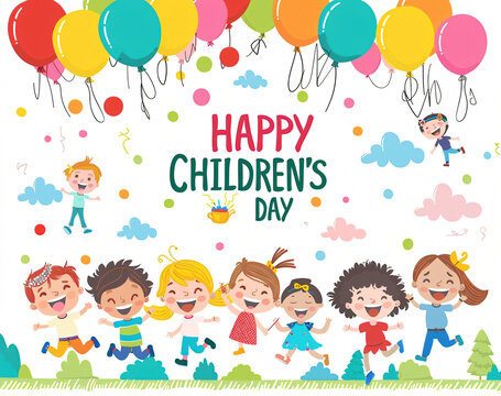  Illustration Featuring Happy Children Enjoying Fun and Togetherness, Promoting Education and Friendship in a Colourful and Joyful Event. Global Celebration of Children's Day.