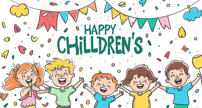  Illustration Featuring Happy Children Enjoying Fun and Togetherness, Promoting Education and Friendship in a Colourful and Joyful Event. Global Celebration of Children's Day.