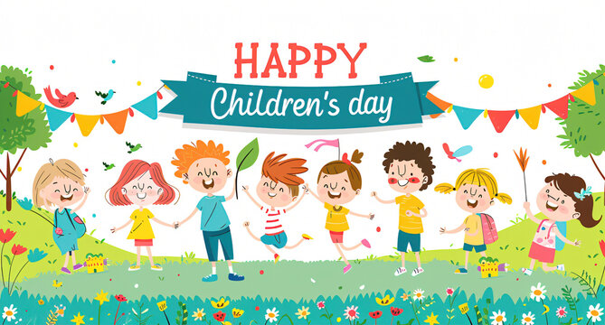  Illustration Featuring Happy Children Enjoying Fun and Togetherness, Promoting Education and Friendship in a Colourful and Joyful Event. Global Celebration of Children's Day.