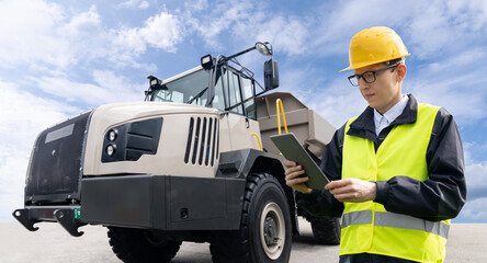 Poster - Man worker with tablet computer stands next to mining truck