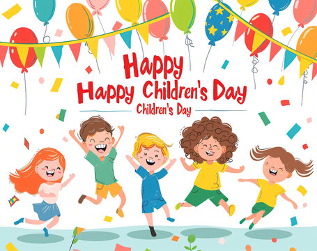  Illustration Featuring Happy Children Enjoying Fun and Togetherness, Promoting Education and Friendship in a Colourful and Joyful Event. Global Celebration of Children's Day.