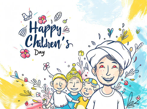  Illustration Featuring Happy Children Enjoying Fun and Togetherness, Promoting Education and Friendship in a Colourful and Joyful Event. Global Celebration of Children's Day.