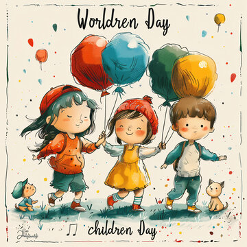  Illustration Featuring Happy Children Enjoying Fun and Togetherness, Promoting Education and Friendship in a Colourful and Joyful Event. Global Celebration of Children's Day.