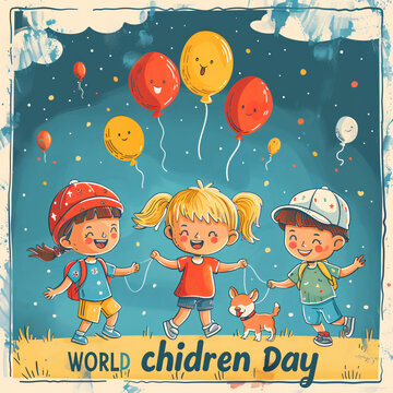  Illustration Featuring Happy Children Enjoying Fun and Togetherness, Promoting Education and Friendship in a Colourful and Joyful Event. Global Celebration of Children's Day.