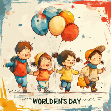  Illustration Featuring Happy Children Enjoying Fun and Togetherness, Promoting Education and Friendship in a Colourful and Joyful Event. Global Celebration of Children's Day.
