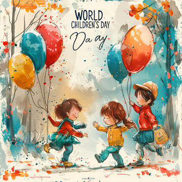  Illustration Featuring Happy Children Enjoying Fun and Togetherness, Promoting Education and Friendship in a Colourful and Joyful Event. Global Celebration of Children's Day.