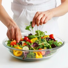 Wall Mural - person preparing a colorful and nutritious salad in a modern kitchen isolated on white background  