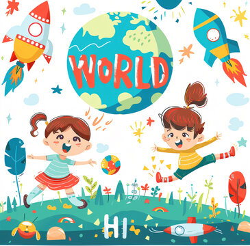  Illustration Featuring Happy Children Enjoying Fun and Togetherness, Promoting Education and Friendship in a Colourful and Joyful Event. Global Celebration of Children's Day.